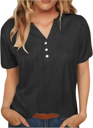 Womens Linen Button Down Shirts Short Sleeve V Neck Tshirts Light Weight Plain Blouses Casual Loose Fit Tunic Tops