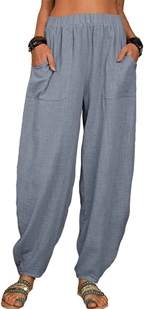 Womens Linen Pants Lounge Pants with Pockets Harem Pants Summer Casual Pants Beach Vacation Pants Plus Size Trousers