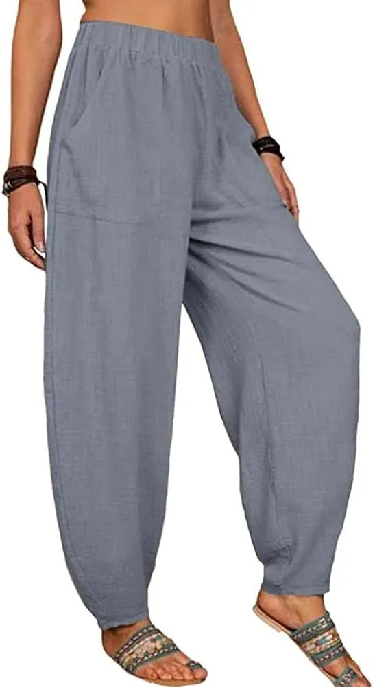 Womens Linen Pants Lounge Pants with Pockets Harem Pants Summer Casual Pants Beach Vacation Pants Plus Size Trousers