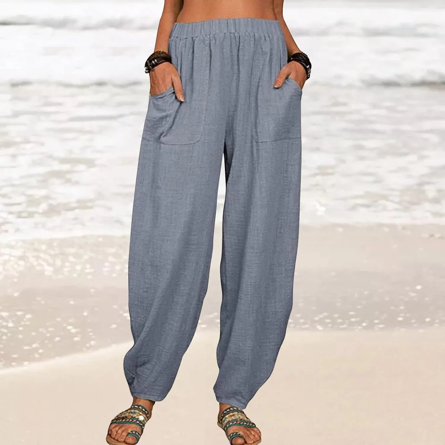 Womens Linen Pants Lounge Pants with Pockets Harem Pants Summer Casual Pants Beach Vacation Pants Plus Size Trousers