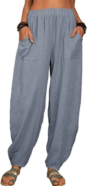 Womens Linen Pants Lounge Pants with Pockets Harem Pants Summer Casual Pants Beach Vacation Pants Plus Size Trousers