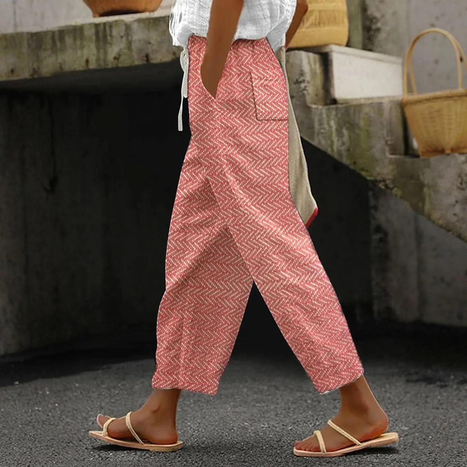 Womens Linen Pants with Pockets Casual Pants Elastic Waist Loose Women Capri Pants for Lightweight Pants Pants for