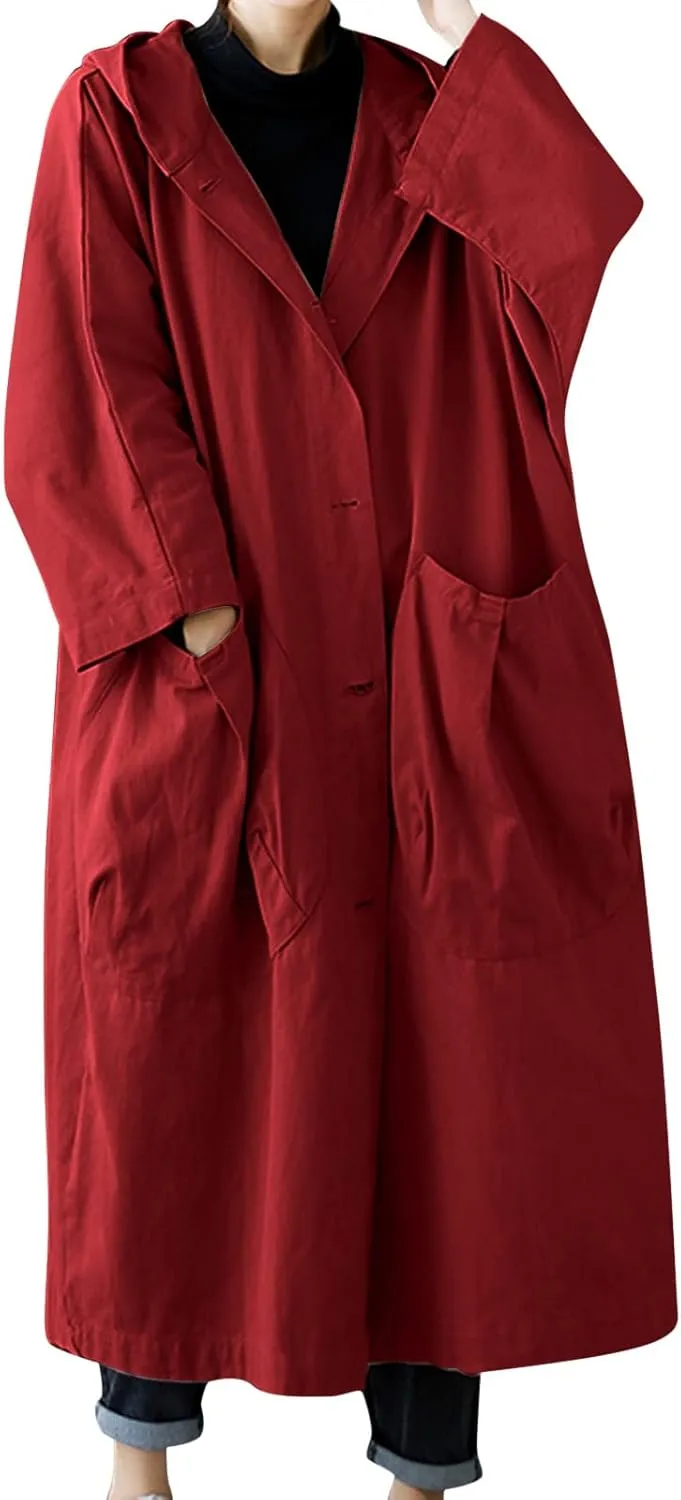 Womens Long Breasted Trench Coat Midi Length Overcoat Jacket Women Anorak