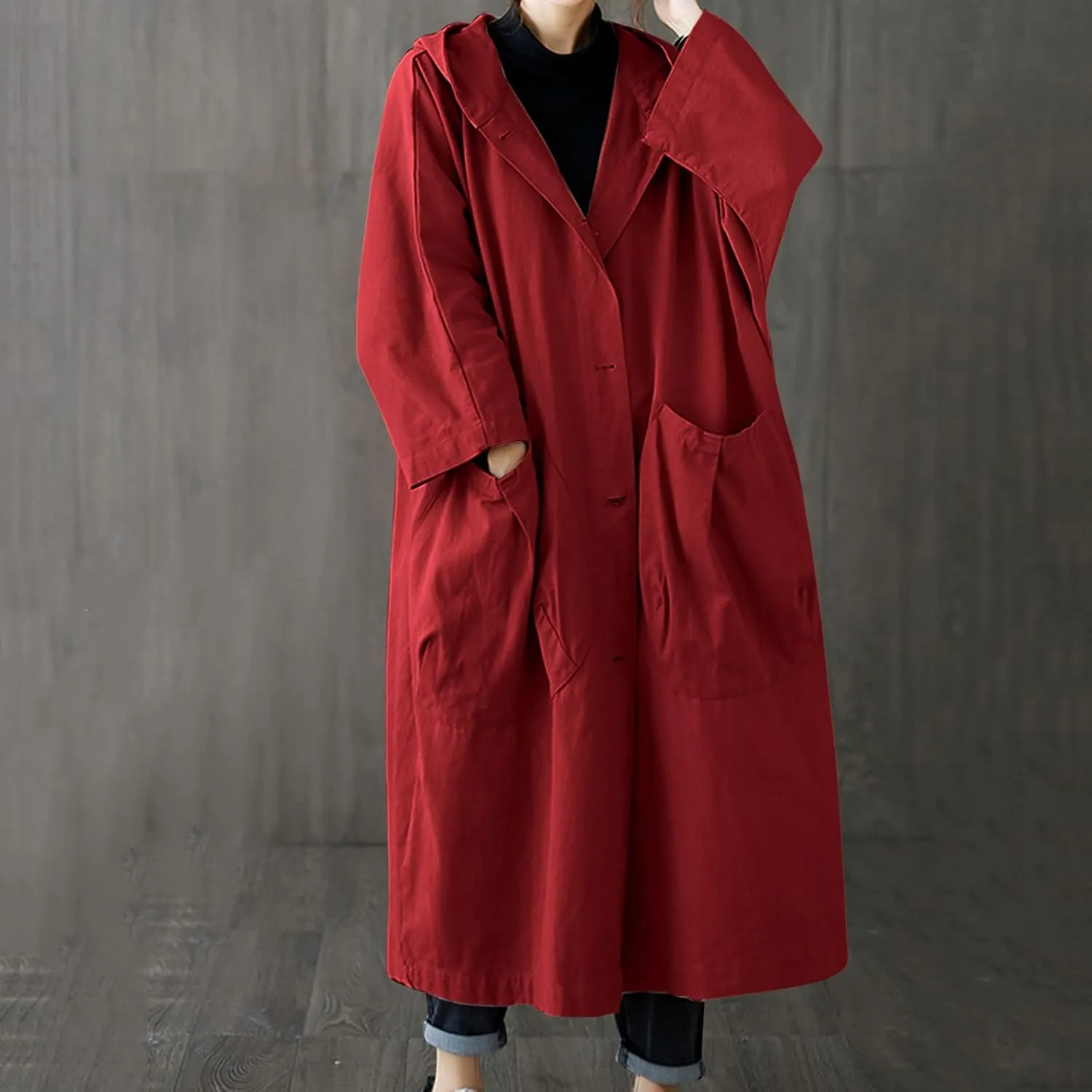 Womens Long Breasted Trench Coat Midi Length Overcoat Jacket Women Anorak
