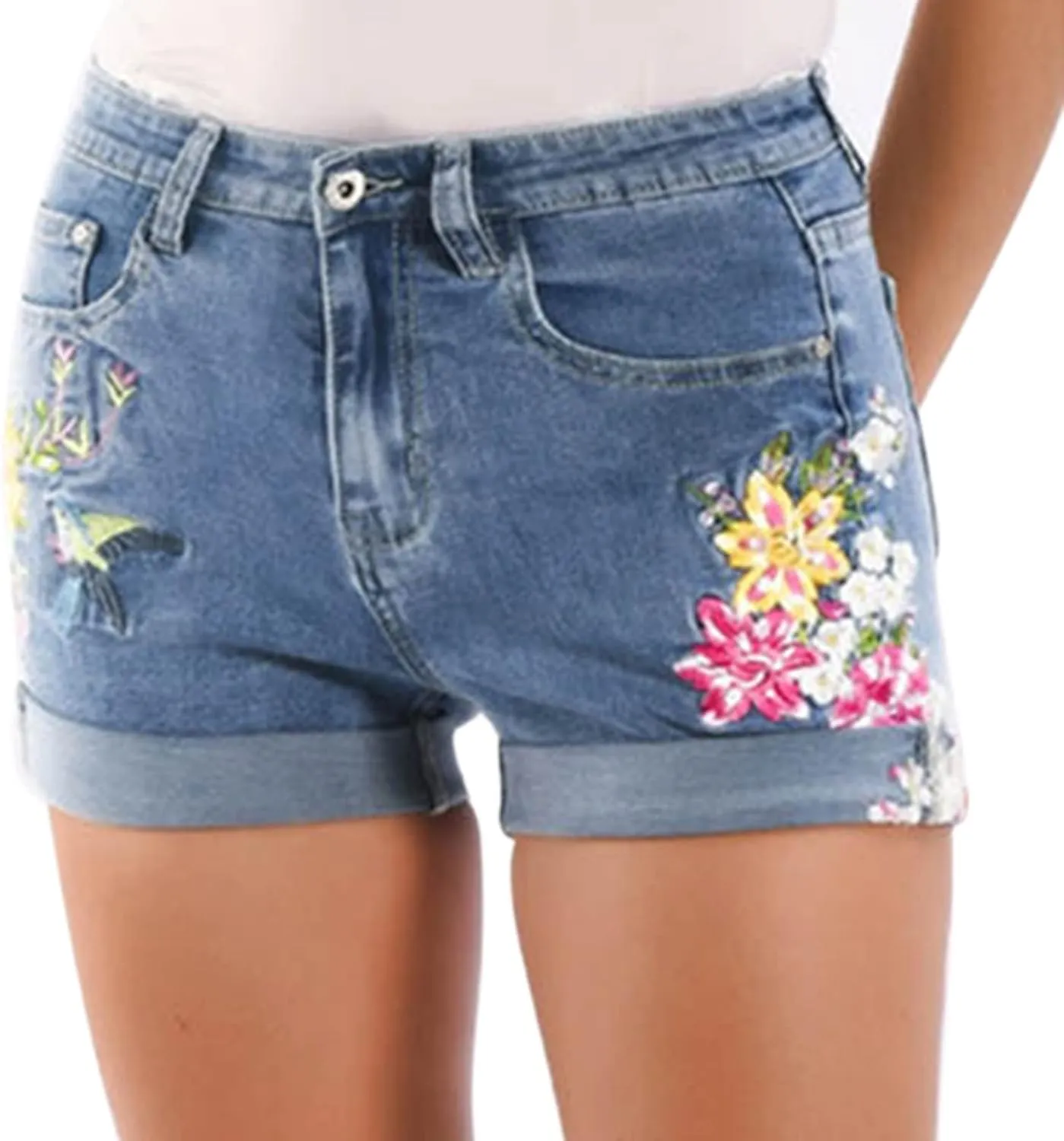 Womens Low Rise Blue Jean Shorts Lightweight Trendy Ripped Distressed Denim Short Pants Elastic Waist Comfy Shorts