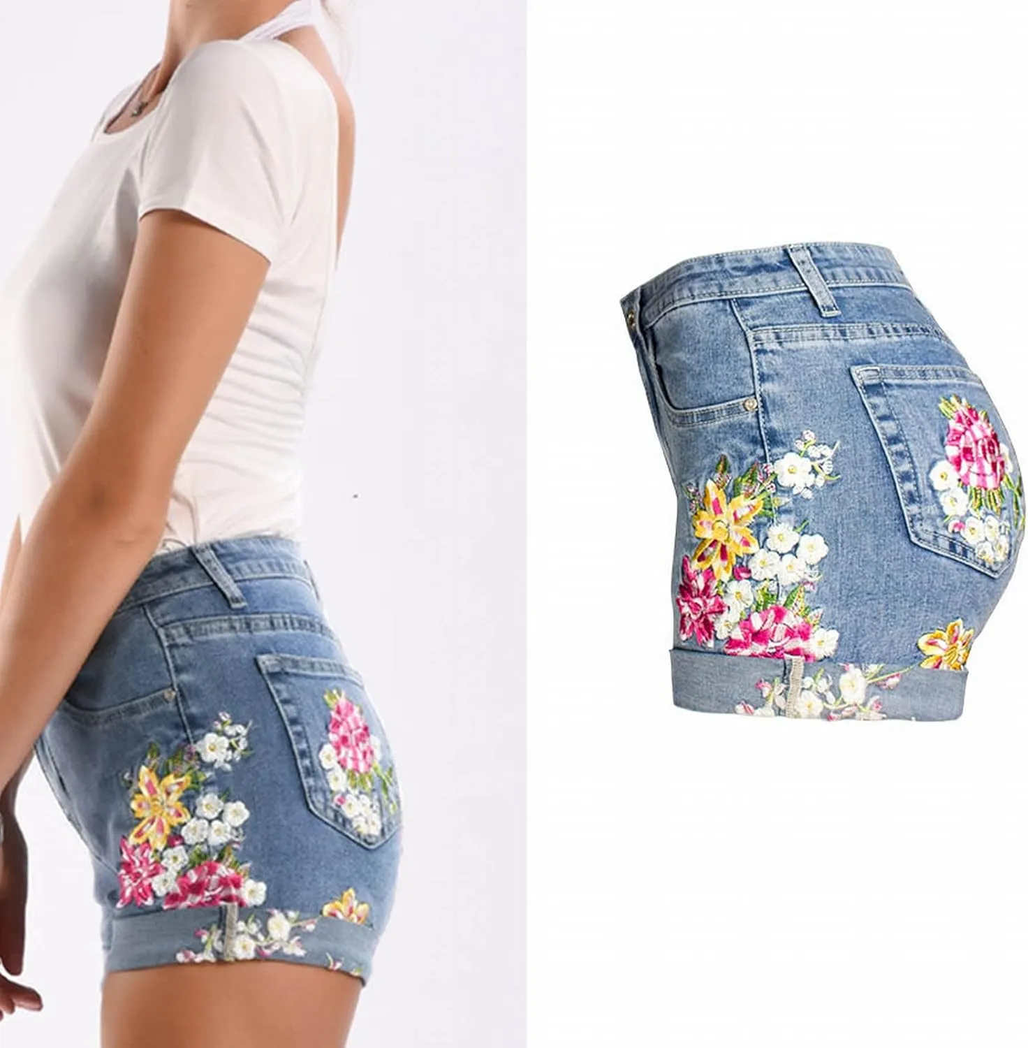 Womens Low Rise Blue Jean Shorts Lightweight Trendy Ripped Distressed Denim Short Pants Elastic Waist Comfy Shorts
