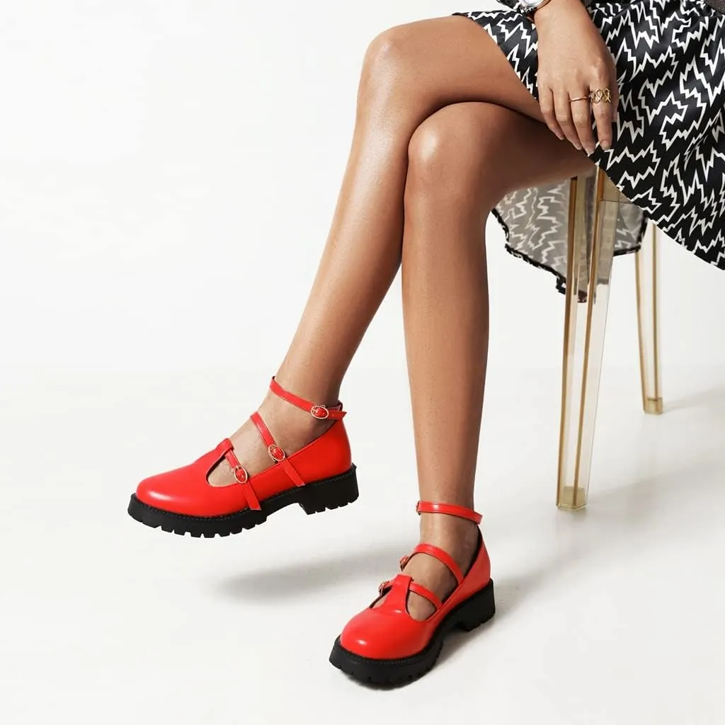 Women's Mary Jane Flats Oxford Shoes Vintage Round Toe Buckle T-Strap Low Heel Girls Oxfords Dress Shoe