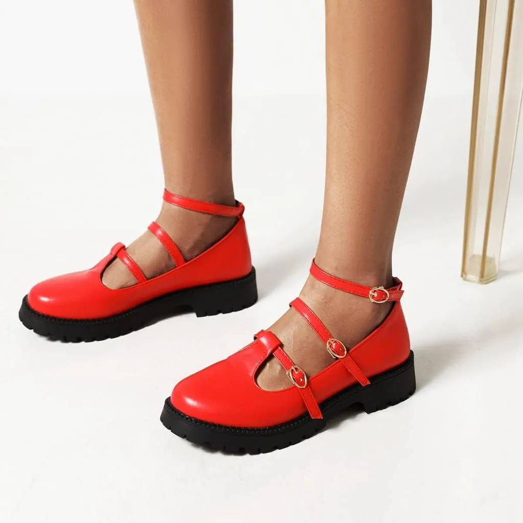 Women's Mary Jane Flats Oxford Shoes Vintage Round Toe Buckle T-Strap Low Heel Girls Oxfords Dress Shoe