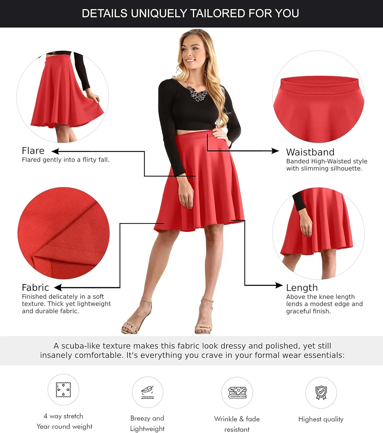 Women's Midi Skirt Flared Stretch Skirt for Women Reg & Plus Size. Casual A line, Basic Everyday Wear, Formal Office