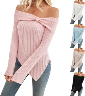 Womens Off Shoulder Sweater Tops Lettuce Trim Long Sleeve Ribbed Knit Asymmetrical Slim Fit Pullover Tee T-Shirt