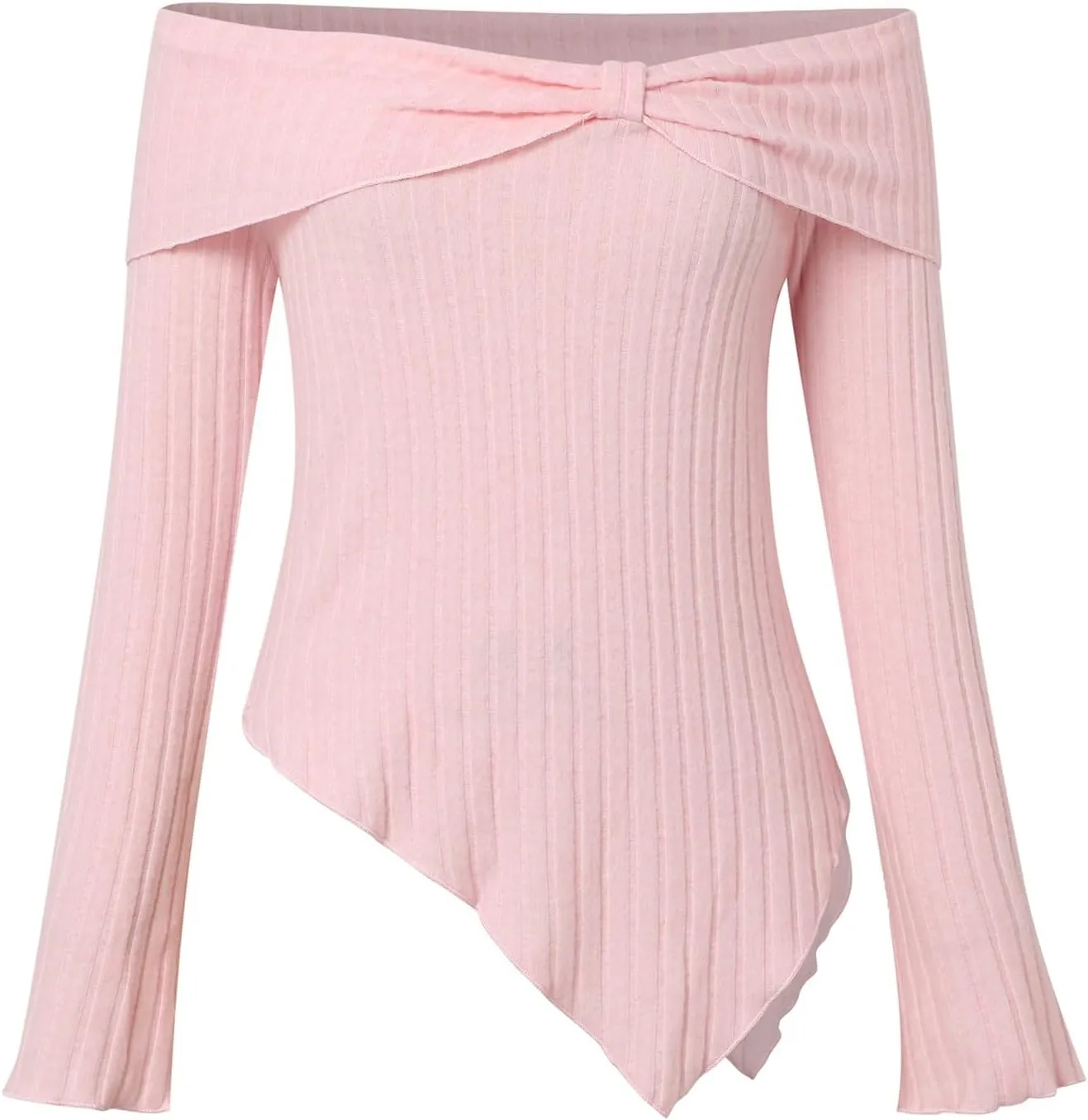 Womens Off Shoulder Sweater Tops Lettuce Trim Long Sleeve Ribbed Knit Asymmetrical Slim Fit Pullover Tee T-Shirt