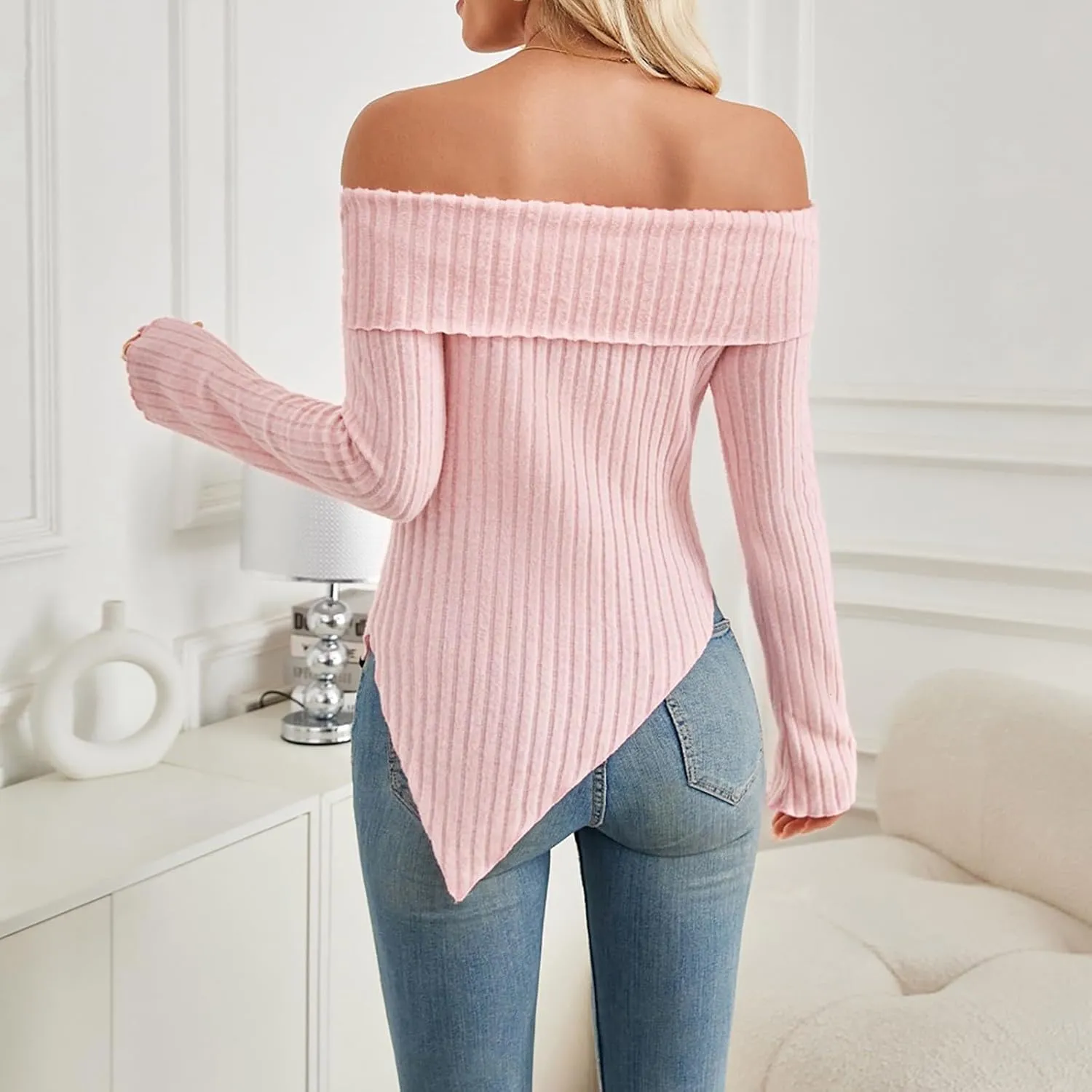 Womens Off Shoulder Sweater Tops Lettuce Trim Long Sleeve Ribbed Knit Asymmetrical Slim Fit Pullover Tee T-Shirt