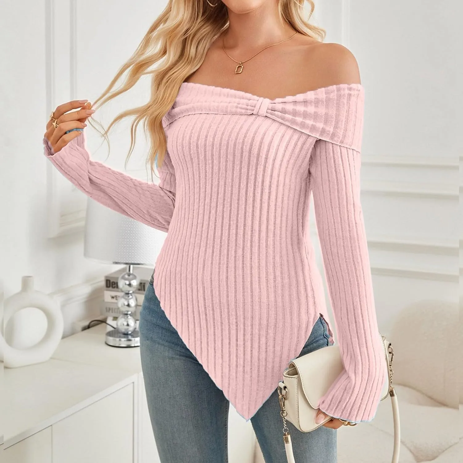 Womens Off Shoulder Sweater Tops Lettuce Trim Long Sleeve Ribbed Knit Asymmetrical Slim Fit Pullover Tee T-Shirt