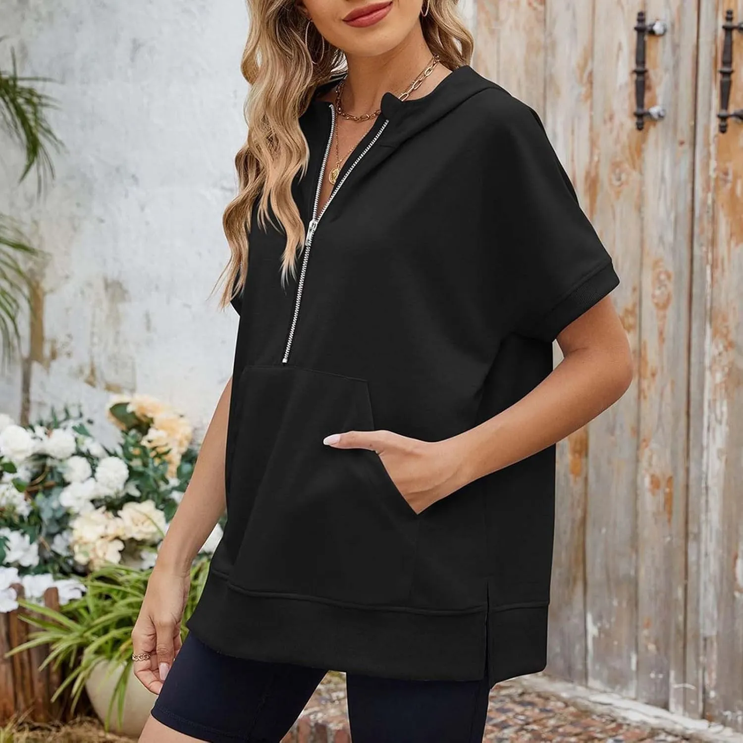 Womens Oversized Half Zip Hoodies Short Sleeve Casual Sweatshirts Pullover Tops with Pockets Loose 2025 Clothes