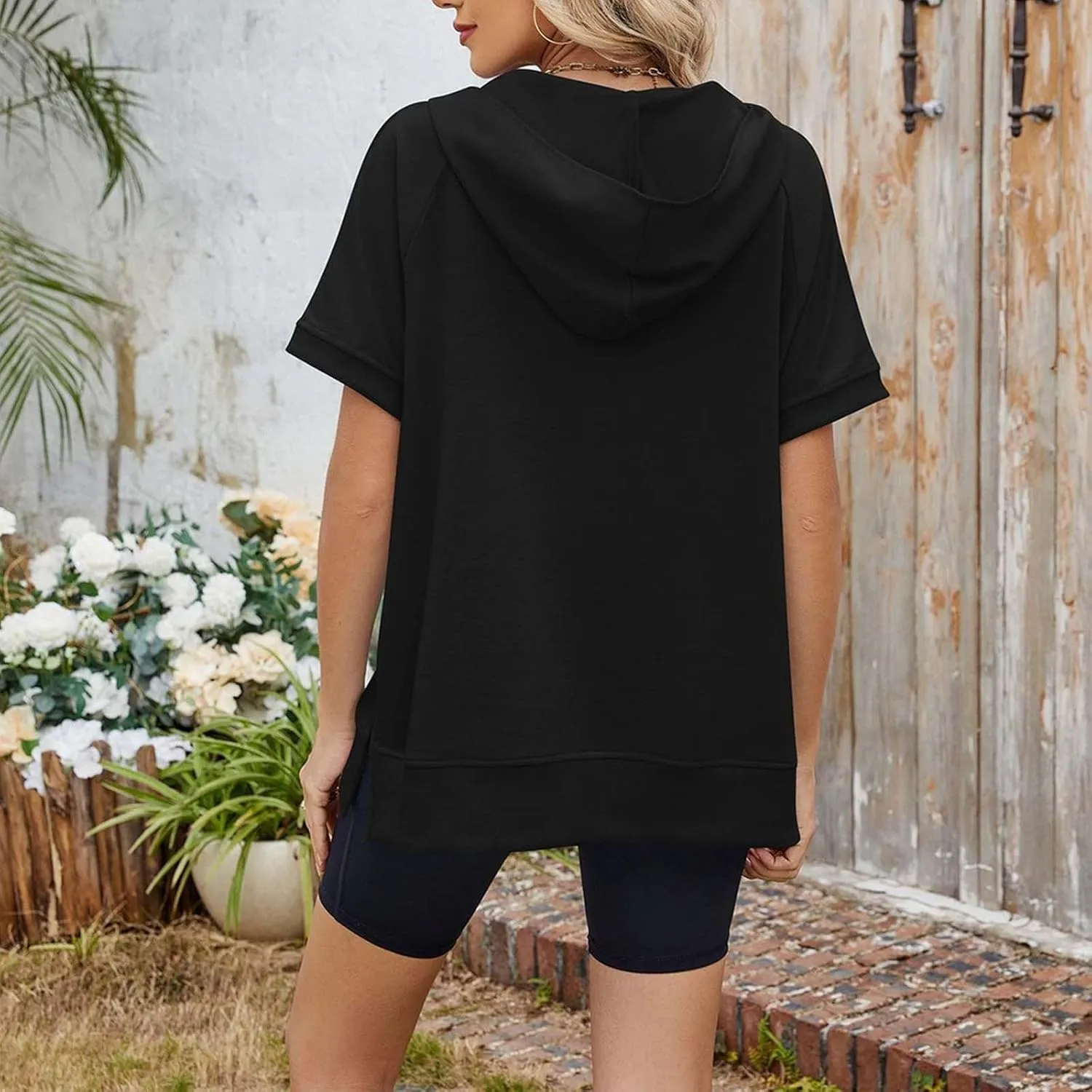 Womens Oversized Half Zip Hoodies Short Sleeve Casual Sweatshirts Pullover Tops with Pockets Loose 2025 Clothes