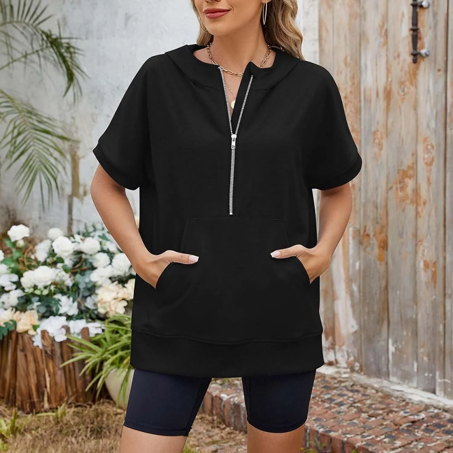 Womens Oversized Half Zip Hoodies Short Sleeve Casual Sweatshirts Pullover Tops with Pockets Loose 2025 Clothes