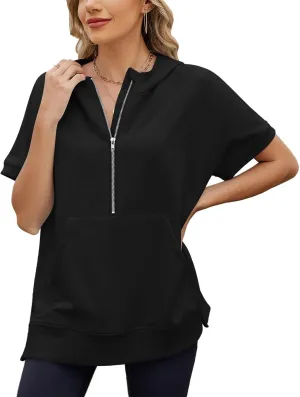 Womens Oversized Half Zip Hoodies Short Sleeve Casual Sweatshirts Pullover Tops with Pockets Loose 2025 Clothes