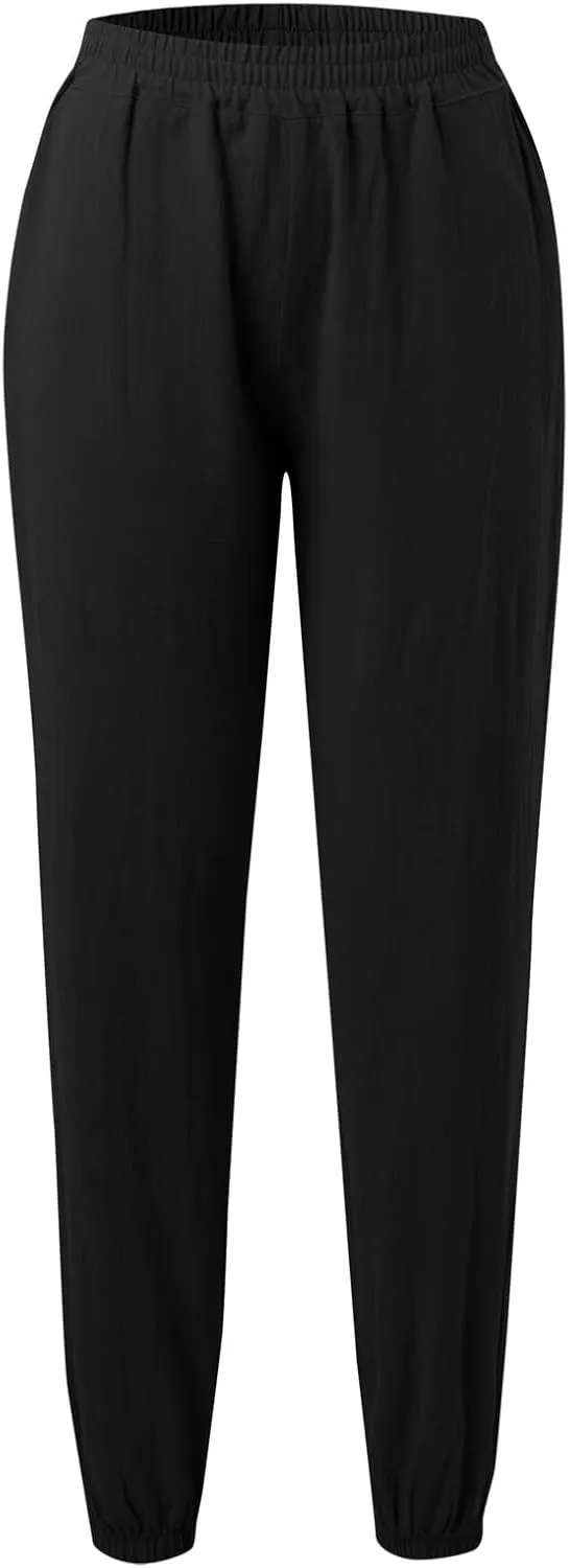 Womens Petite Pants Summer Elastic High Waist Lounge Pants Solid Color Baggy Lightweight Comfort Trendy Trousers with Pocket