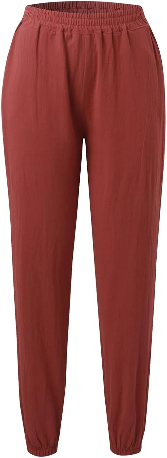 Womens Petite Pants Summer Elastic High Waist Lounge Pants Solid Color Baggy Lightweight Comfort Trendy Trousers with Pocket