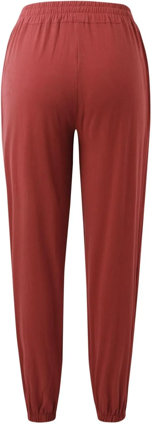 Womens Petite Pants Summer Elastic High Waist Lounge Pants Solid Color Baggy Lightweight Comfort Trendy Trousers with Pocket