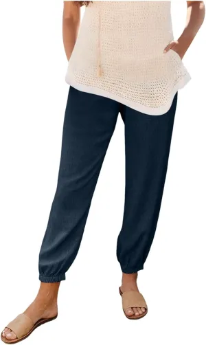 Womens Petite Pants Summer Elastic High Waist Lounge Pants Solid Color Baggy Lightweight Comfort Trendy Trousers with Pocket