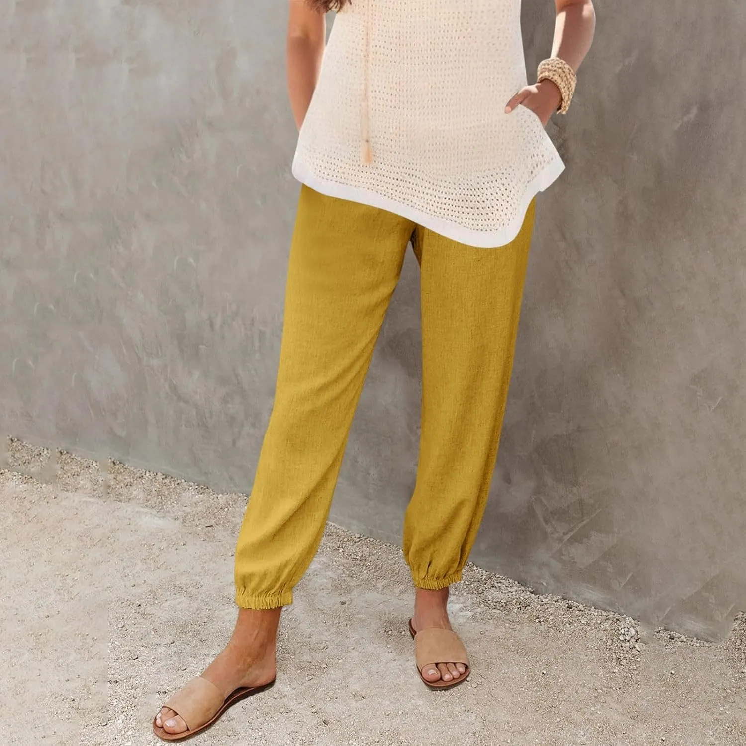 Womens Petite Pants Summer Elastic High Waist Lounge Pants Solid Color Baggy Lightweight Comfort Trendy Trousers with Pocket