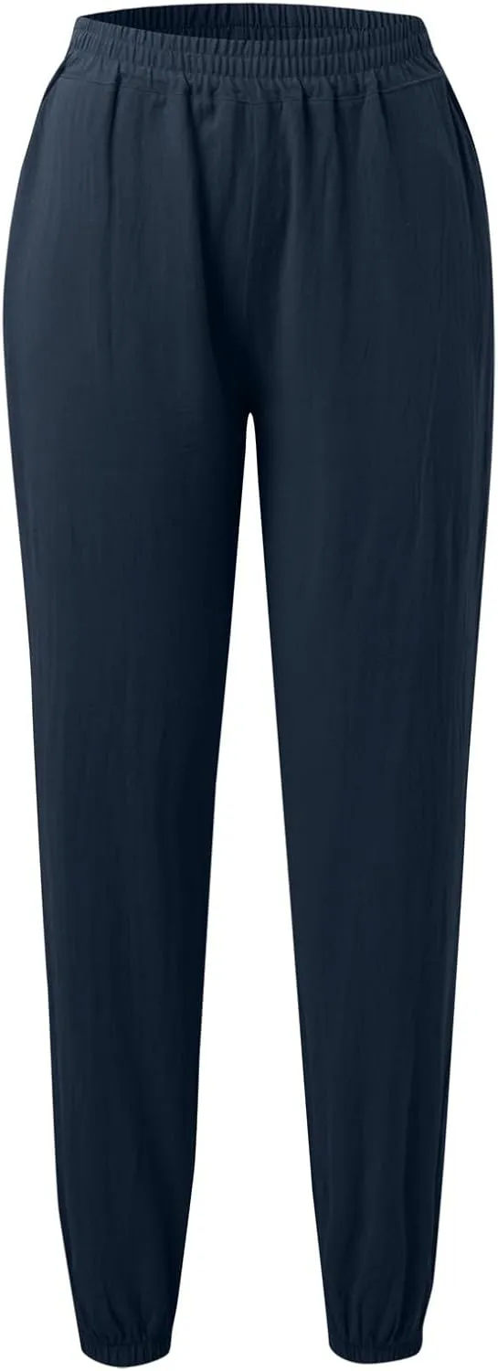 Womens Petite Pants Summer Elastic High Waist Lounge Pants Solid Color Baggy Lightweight Comfort Trendy Trousers with Pocket