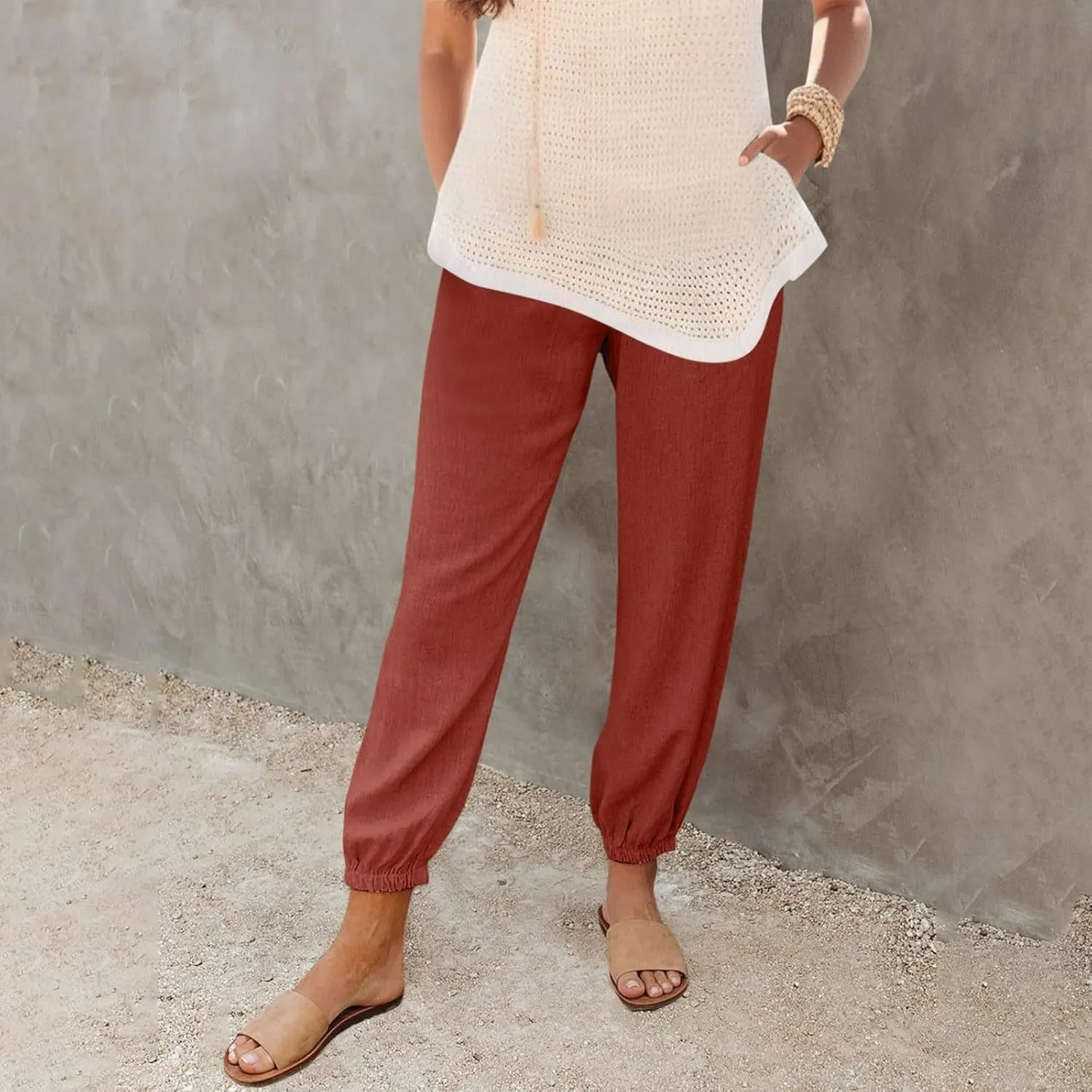 Womens Petite Pants Summer Elastic High Waist Lounge Pants Solid Color Baggy Lightweight Comfort Trendy Trousers with Pocket