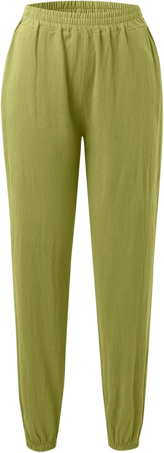 Womens Petite Pants Summer Elastic High Waist Lounge Pants Solid Color Baggy Lightweight Comfort Trendy Trousers with Pocket
