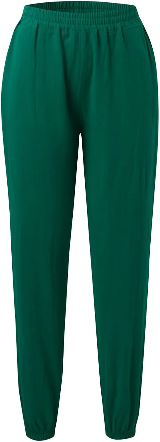 Womens Petite Pants Summer Elastic High Waist Lounge Pants Solid Color Baggy Lightweight Comfort Trendy Trousers with Pocket