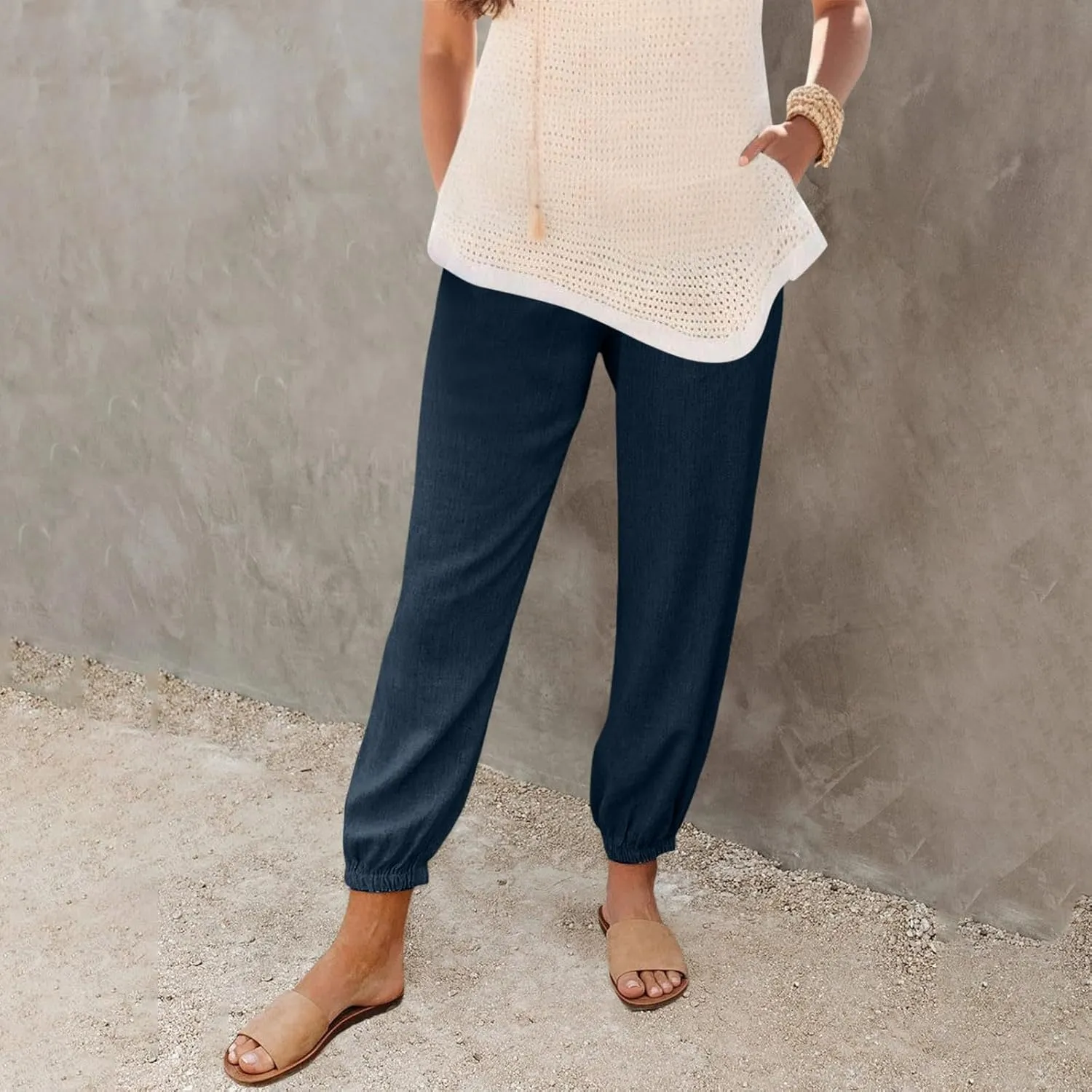 Womens Petite Pants Summer Elastic High Waist Lounge Pants Solid Color Baggy Lightweight Comfort Trendy Trousers with Pocket