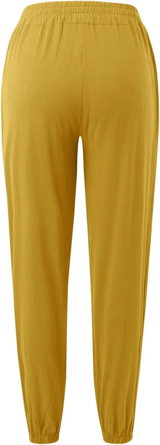 Womens Petite Pants Summer Elastic High Waist Lounge Pants Solid Color Baggy Lightweight Comfort Trendy Trousers with Pocket