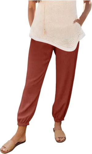 Womens Petite Pants Summer Elastic High Waist Lounge Pants Solid Color Baggy Lightweight Comfort Trendy Trousers with Pocket
