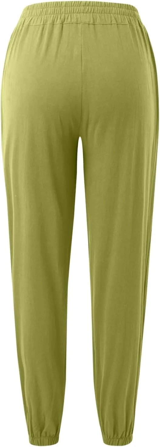 Womens Petite Pants Summer Elastic High Waist Lounge Pants Solid Color Baggy Lightweight Comfort Trendy Trousers with Pocket