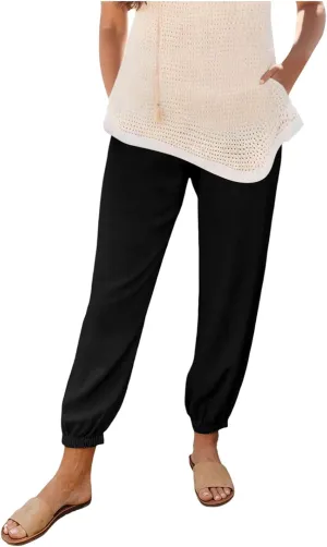 Womens Petite Pants Summer Elastic High Waist Lounge Pants Solid Color Baggy Lightweight Comfort Trendy Trousers with Pocket