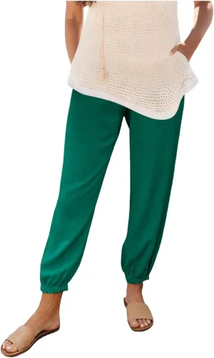 Womens Petite Pants Summer Elastic High Waist Lounge Pants Solid Color Baggy Lightweight Comfort Trendy Trousers with Pocket