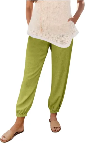 Womens Petite Pants Summer Elastic High Waist Lounge Pants Solid Color Baggy Lightweight Comfort Trendy Trousers with Pocket