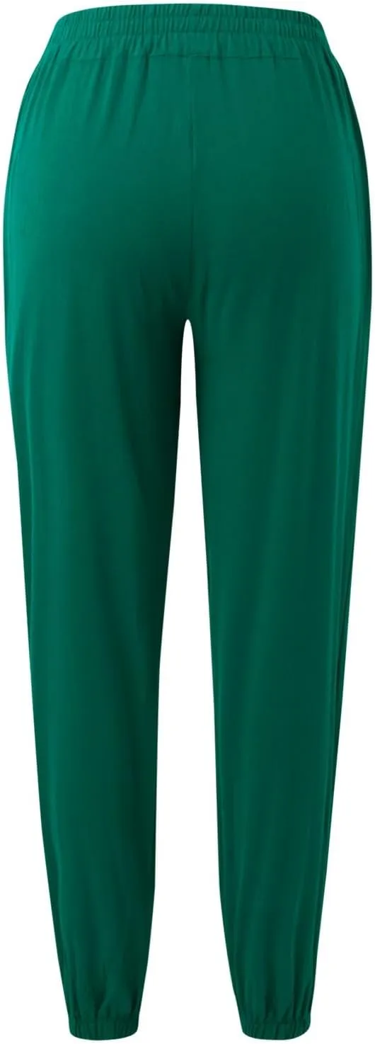 Womens Petite Pants Summer Elastic High Waist Lounge Pants Solid Color Baggy Lightweight Comfort Trendy Trousers with Pocket