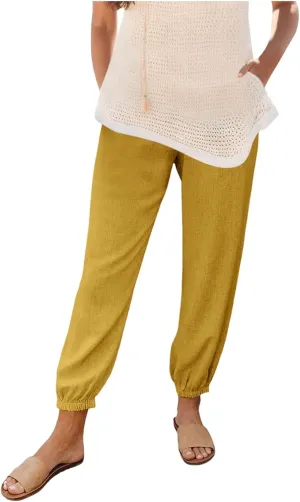 Womens Petite Pants Summer Elastic High Waist Lounge Pants Solid Color Baggy Lightweight Comfort Trendy Trousers with Pocket