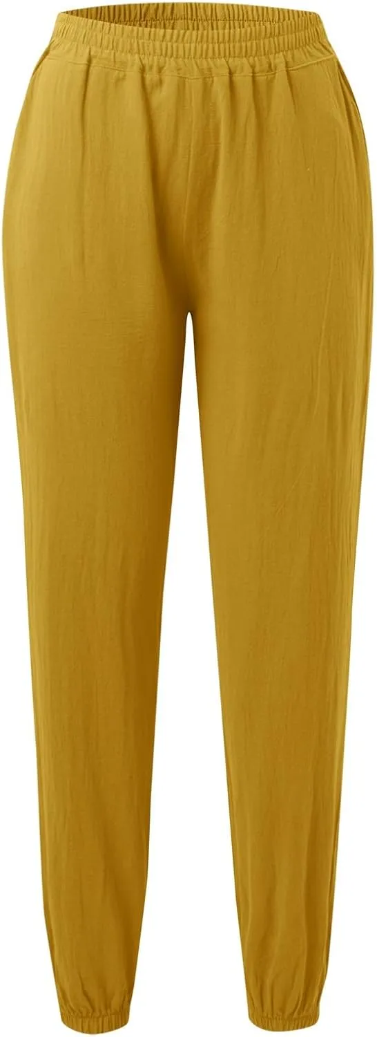 Womens Petite Pants Summer Elastic High Waist Lounge Pants Solid Color Baggy Lightweight Comfort Trendy Trousers with Pocket
