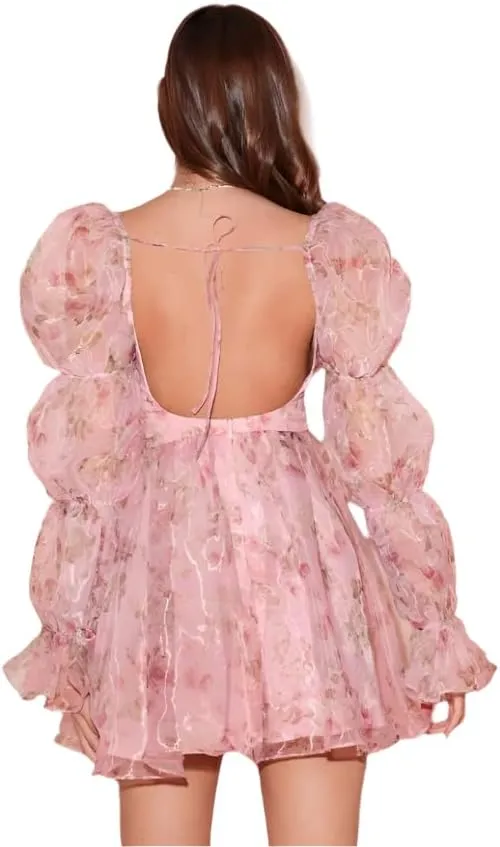 Womens Pink Floral Print Organza Sweetheart Mini Dress with Flounce Sleeves  High Waist Fit and Flare Design