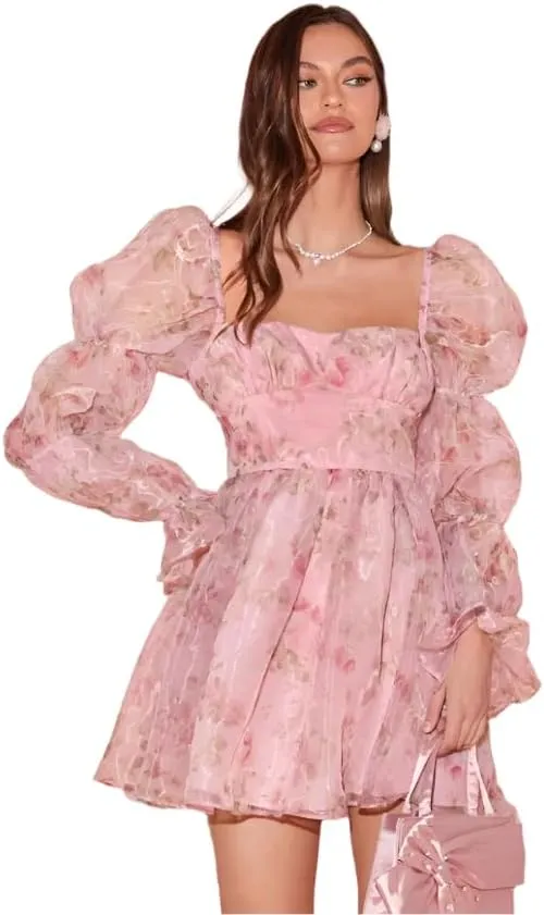 Womens Pink Floral Print Organza Sweetheart Mini Dress with Flounce Sleeves  High Waist Fit and Flare Design