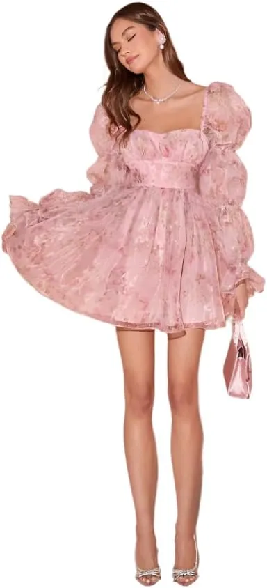 Womens Pink Floral Print Organza Sweetheart Mini Dress with Flounce Sleeves  High Waist Fit and Flare Design