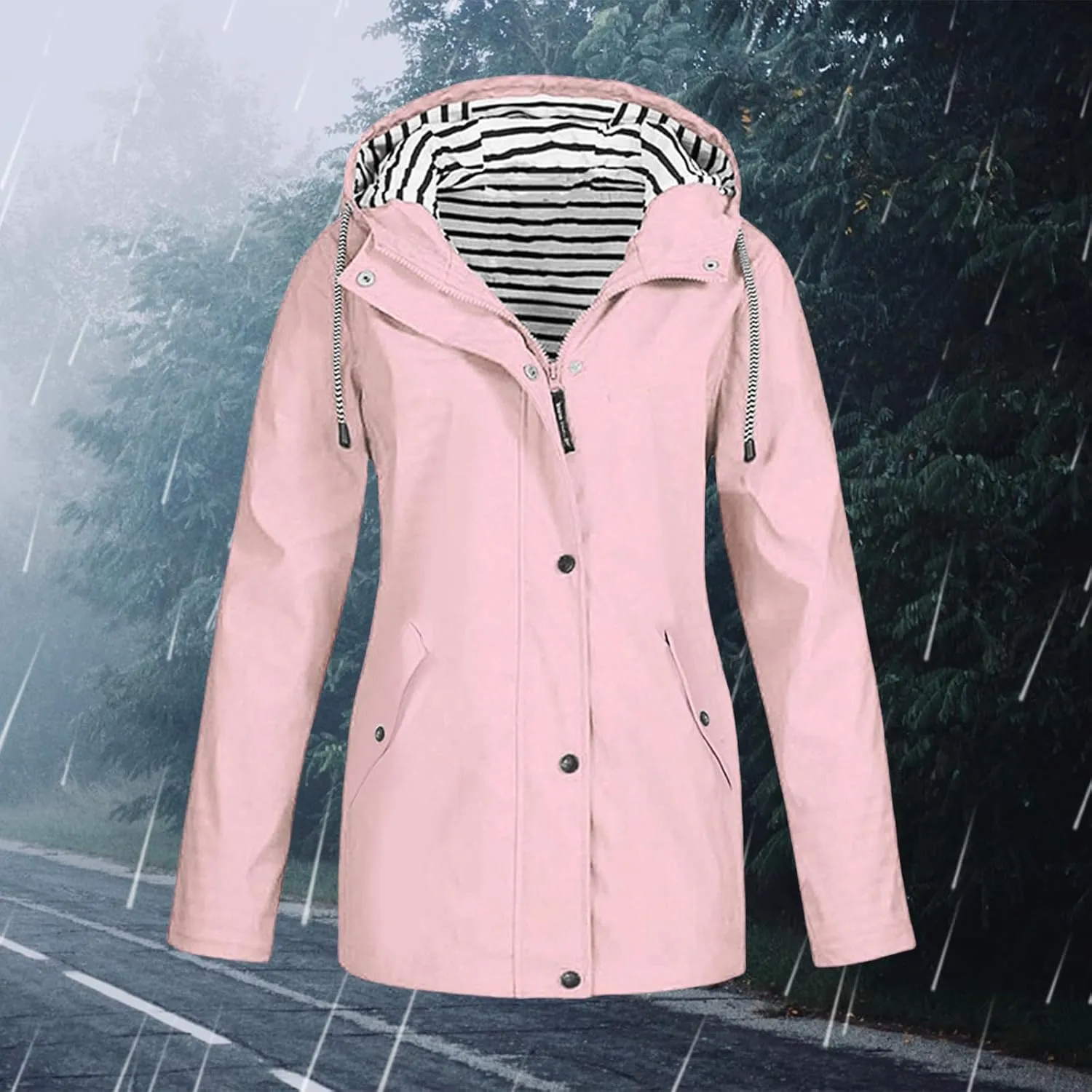 Womens Rain Jacket with Hood Raincoat Windbreaker Waterproof Long Hooded Trench Coats Spring Jackets for Women