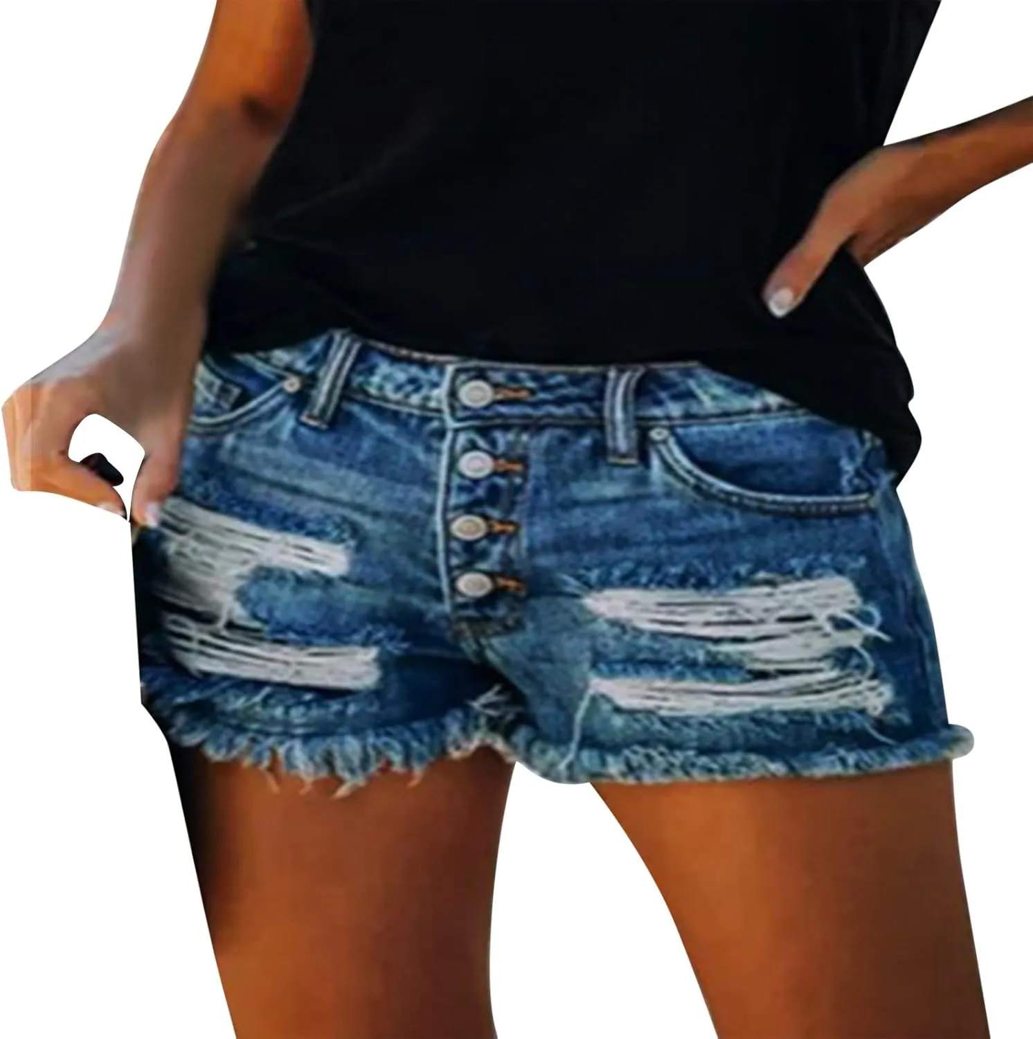 Women's Ripped Denim Shorts High Waist Distressed Jean Shorts Casual Outdoor Sexy Rolled Short Jeans with Pockets