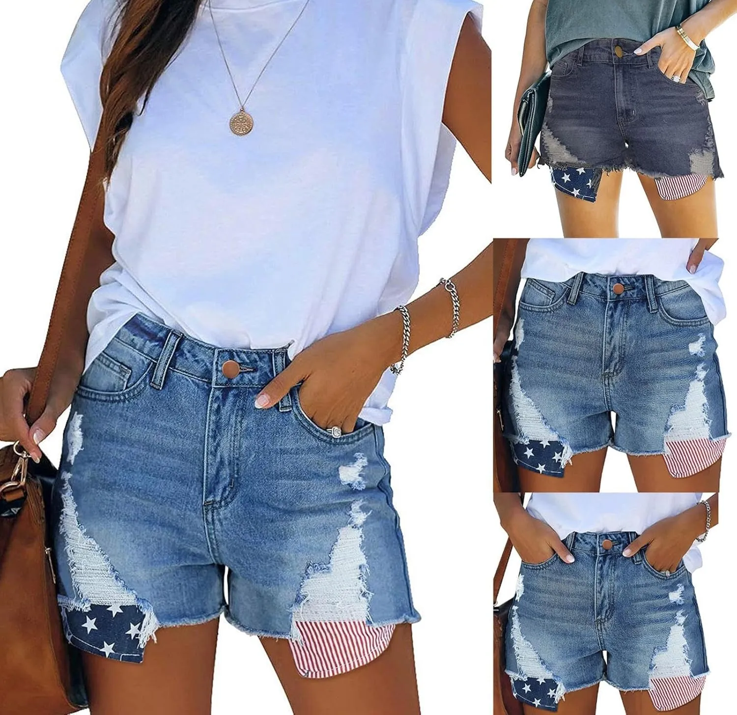 Women's Ripped Denim Shorts High Waist Distressed Jean Shorts Casual Outdoor Sexy Rolled Short Jeans with Pockets