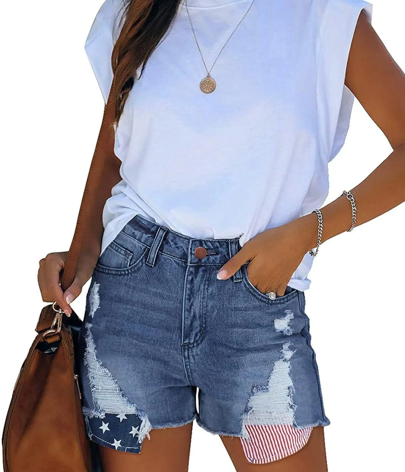 Women's Ripped Denim Shorts High Waist Distressed Jean Shorts Casual Outdoor Sexy Rolled Short Jeans with Pockets