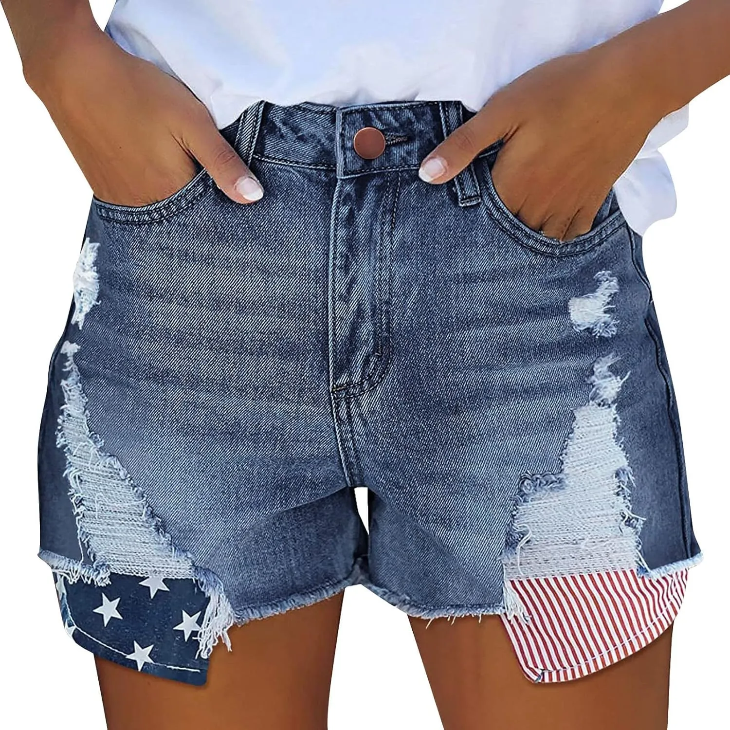 Women's Ripped Denim Shorts High Waist Distressed Jean Shorts Casual Outdoor Sexy Rolled Short Jeans with Pockets