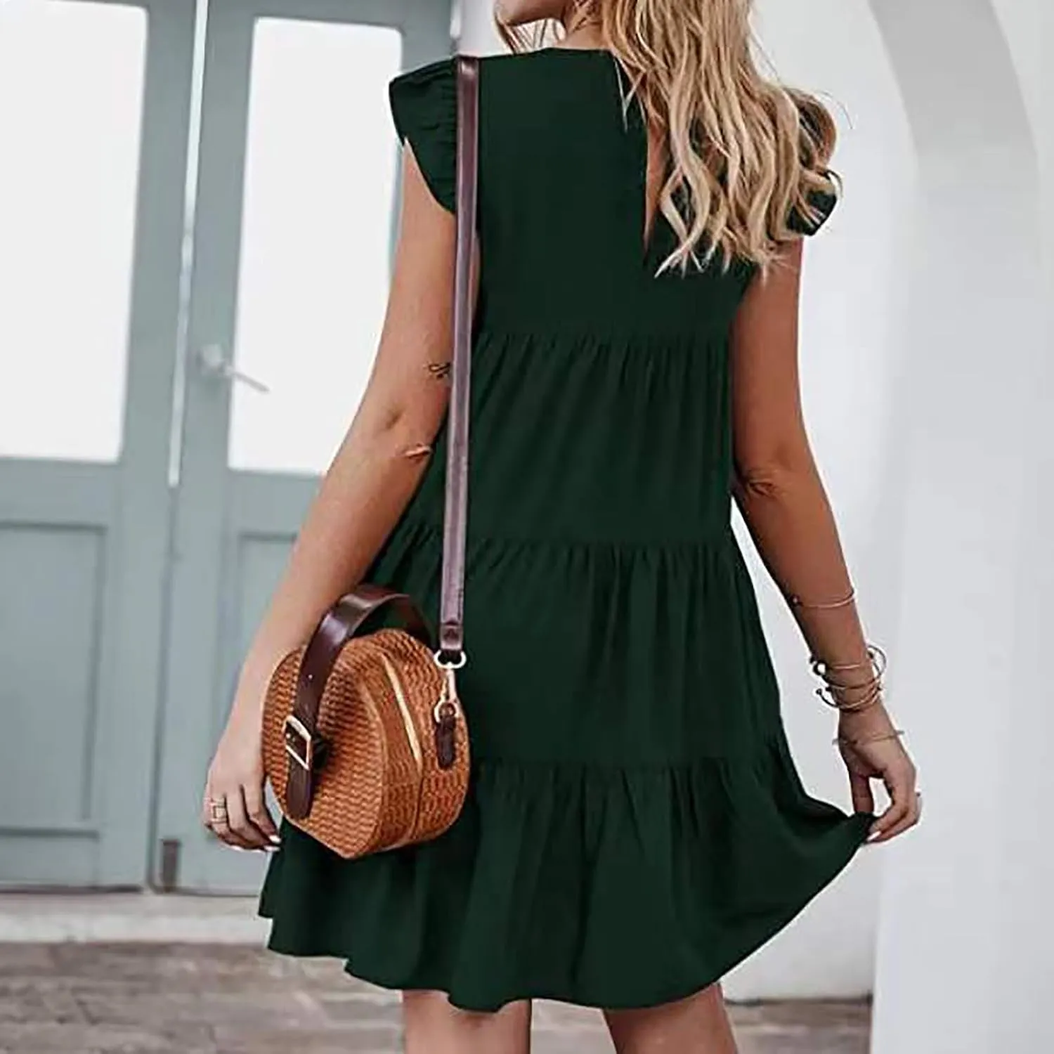 Women's Ruffles Boho Floral Printed Summer Dresses Loose Swing Casual Short Mini T-Shirt Dress