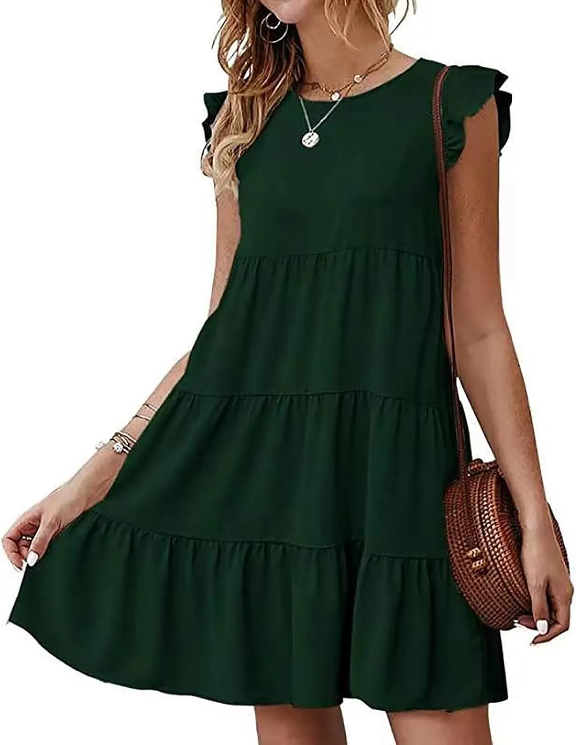 Women's Ruffles Boho Floral Printed Summer Dresses Loose Swing Casual Short Mini T-Shirt Dress
